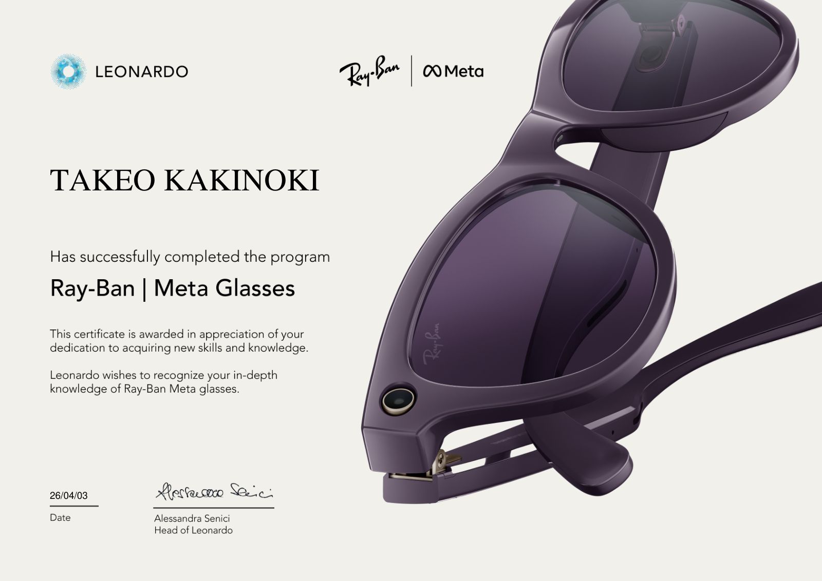 Ray-Ban | Meta Glasses AI Master 認定証 — TAKEO KAKINOKI