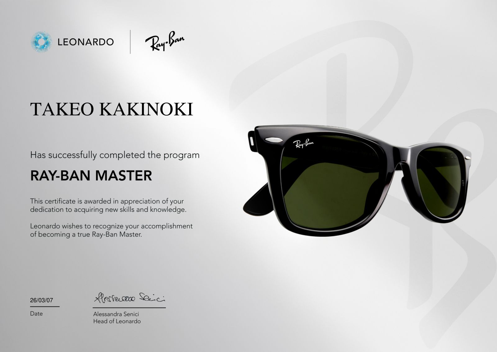 Ray-Ban Master 認定証 — TAKEO KAKINOKI